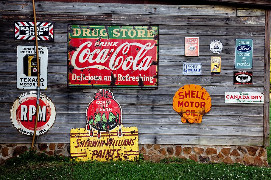 assorted-brand logos, signs, road signs, usa, america, united states, north america, rusted, vintage, old