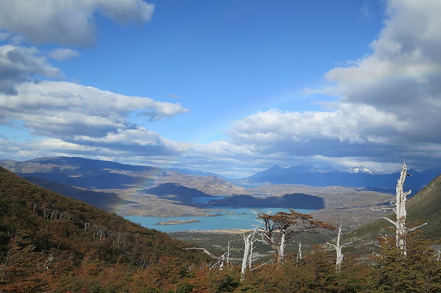 antena, vista, montañas, lago, arcoiris, azul, cielo, montaña, Torres del Paine, Chile