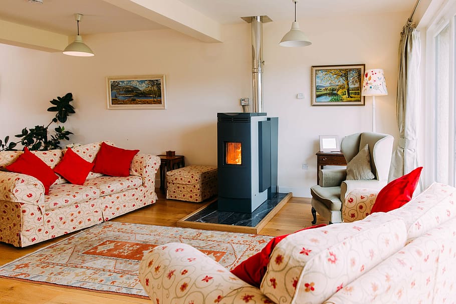 white, red, polka-dot sala, set, stove, holiday house, holiday, comfortable, interior, wood burner