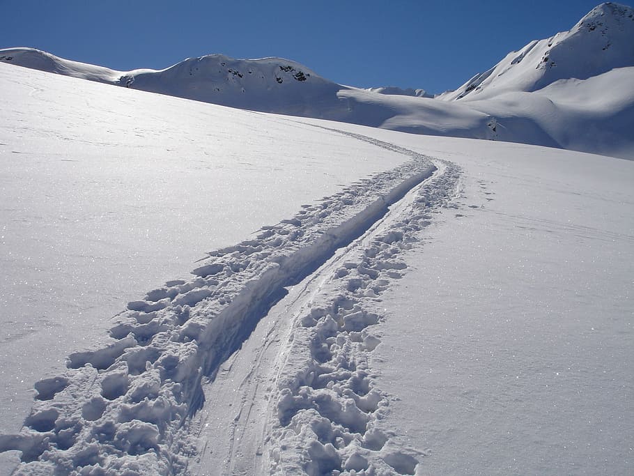 footsteps, snow, daytime, backcountry skiiing, winter mountaineering, winter sports, ski track, snow tracks, alpine, val d'ultimo
