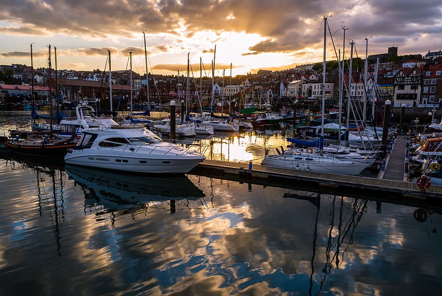 photography, boats, pier, daytime, Scarborough, Harbour, Sunset, Yorkshire, sky, seaside