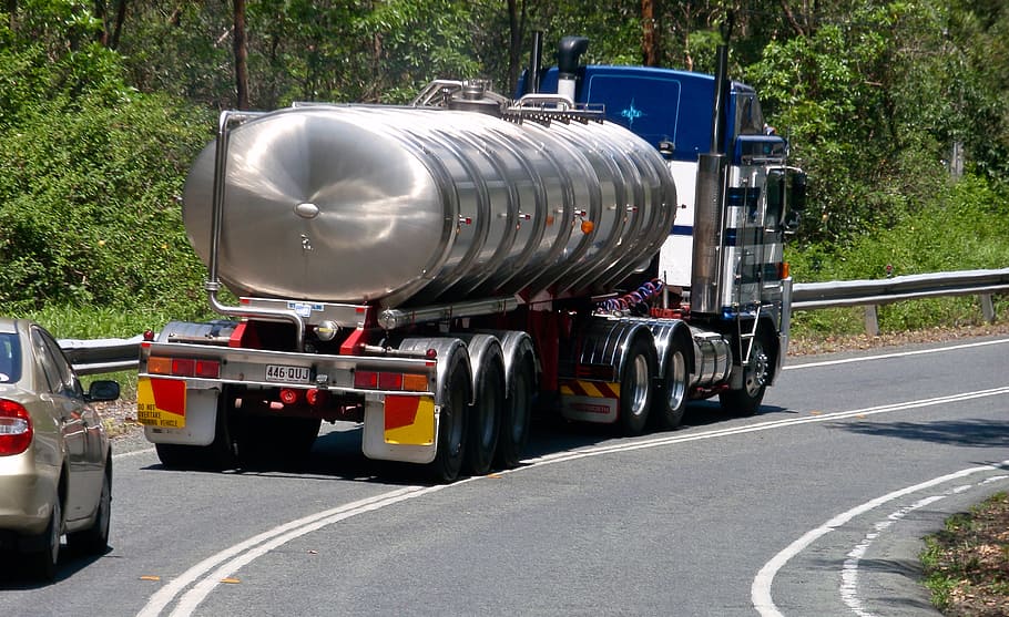 white, freight truck, road, truck, tanker, water carrier, metal, vehicle, traffic, danger