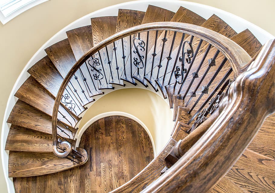 high, angle view, brown, spiral stairs, real estate, luxury, home, trim, residential, stairway