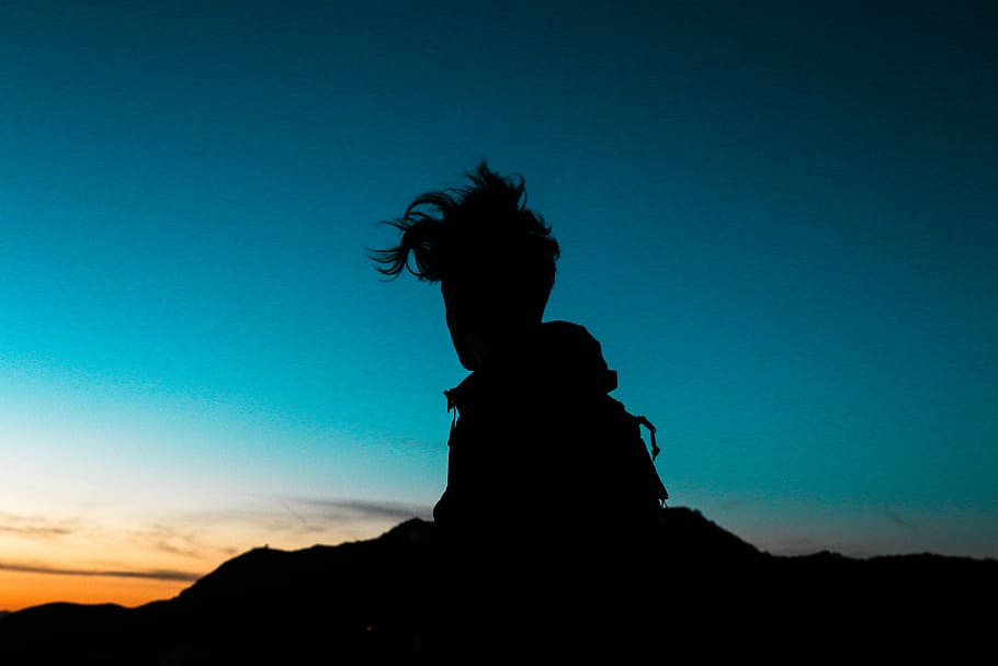 silhouette, person, mountains, golden, hour, people, shadow, man, travel, adventure
