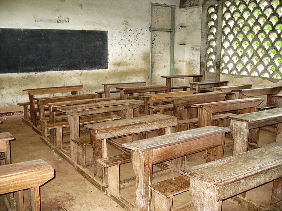 brown, white, classroom, interior, cameroon, school, desks, benches, inside, building
