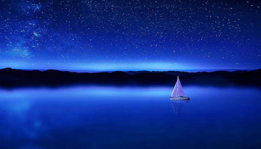 putih, perahu, pulau, malam hari, langit, senja, kegelapan, malam, perairan, laut