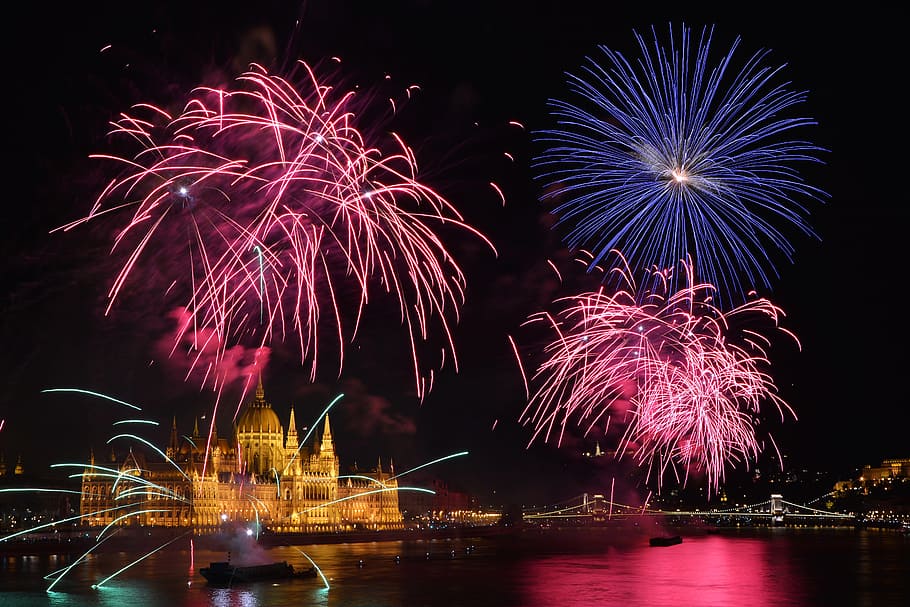 fireworks, parliament, budapest, holiday, danube, in the evening, at night, hungary, light, hungarian parliament building