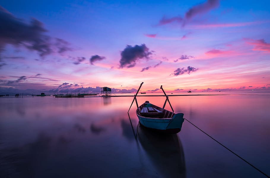 canoe, body, water, blue, pink, sky, sunrise, phu quoc, island, ocean