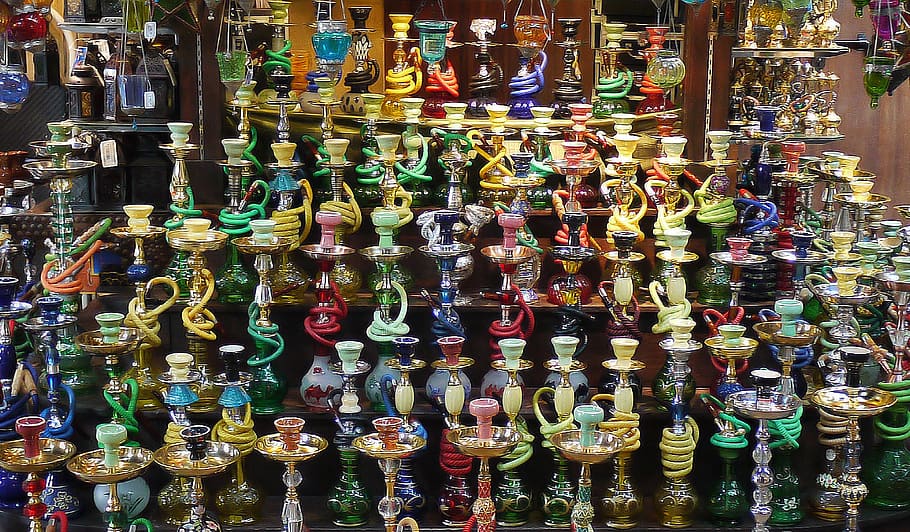 shisha, narguilé, fumar, árabe, sheesha, grande grupo de objetos, abundância, para venda, varejo, escolha