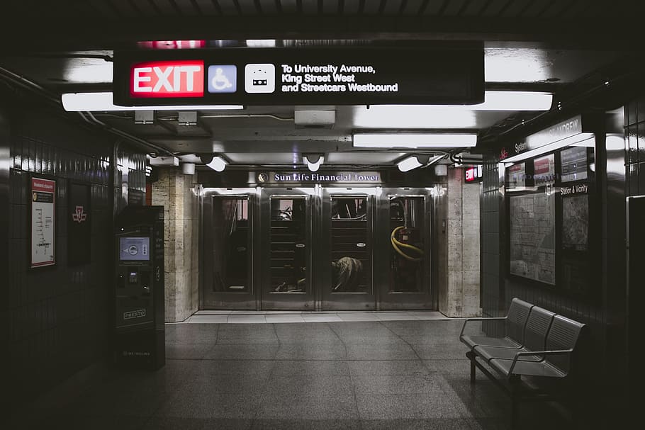subway, station, places, exit, sign, text, communication, architecture, western script, transportation