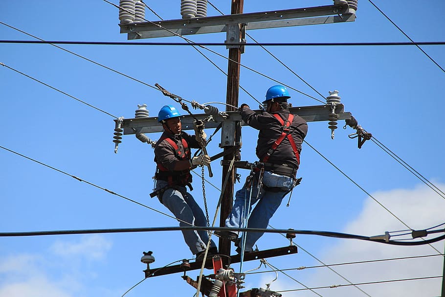 men, electricity tower, wire, telephone poles, poles, workers, electrical, construction, phone lines, lines