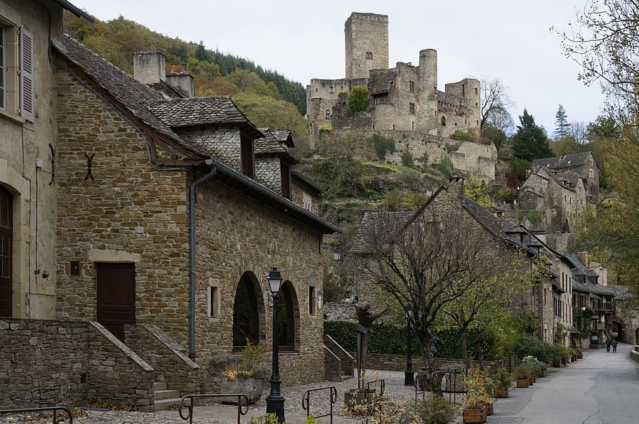 france, aveyron, village, medieval, castle, architecture, built structure, building exterior, building, tree