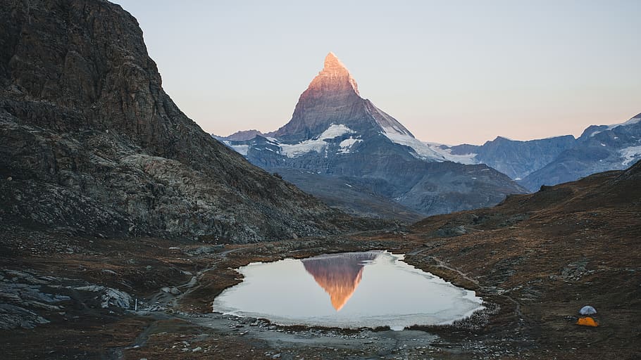 swiss, matterhorn, tent, lake, reflection, peak, mountain, travel, nature, recovery