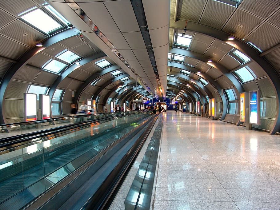 gray floor tile, treadmill, airport, frankfurt, transport, moving walkway, roll band, means of rail transport, rolling pavement, moving sidewalk