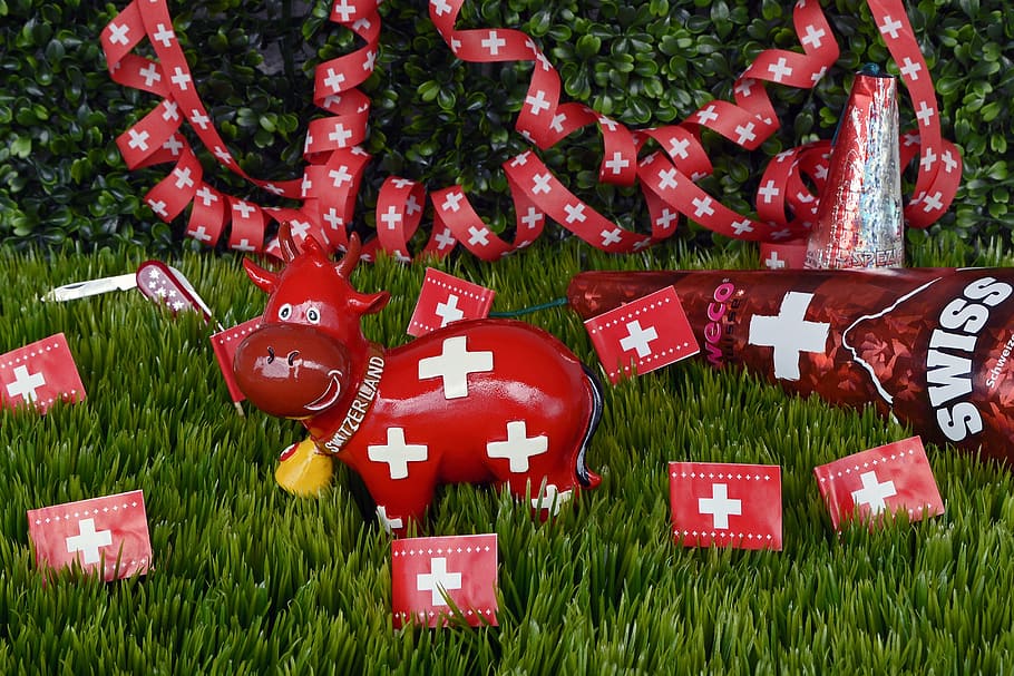 cow swiss-themed decor, national day, switzerland, celebrate, souvenirs, flag, swiss flag, sac diameter, cup, cow
