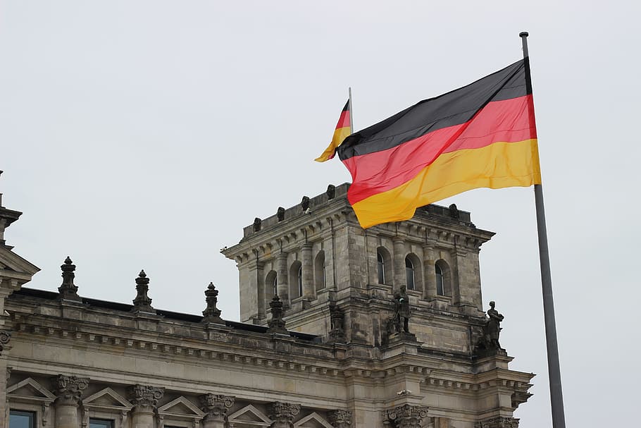 germany, flag, reichstag, berlin, black red gold, germany flag, building exterior, architecture, built structure, low angle view