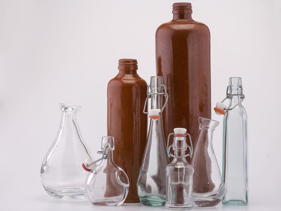 still life, bottles, transparent, decoration, bottle, container, glass - material, studio shot, group of objects, white background