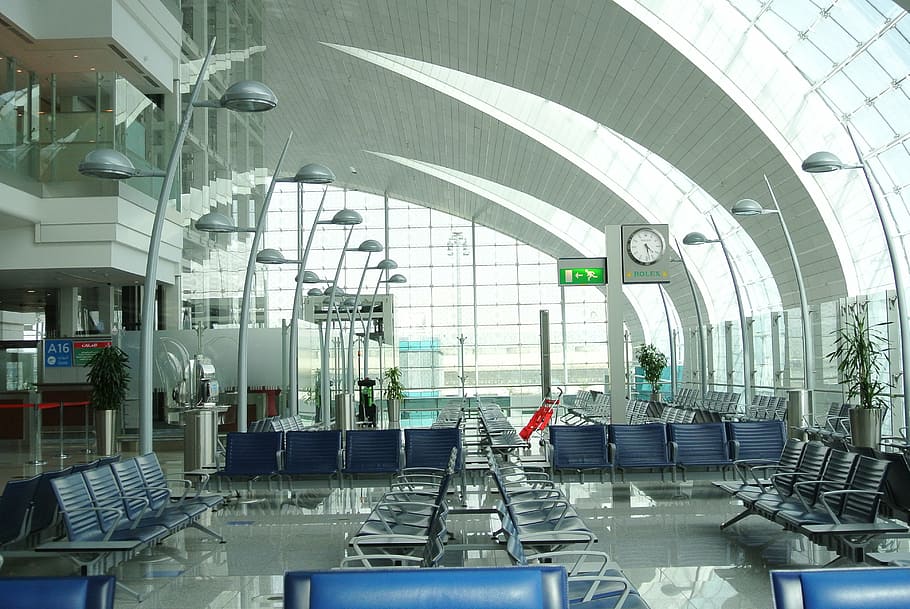 blue leather benches, airport, empty, dubai, international, waiting, terminal, journey, departure, architecture