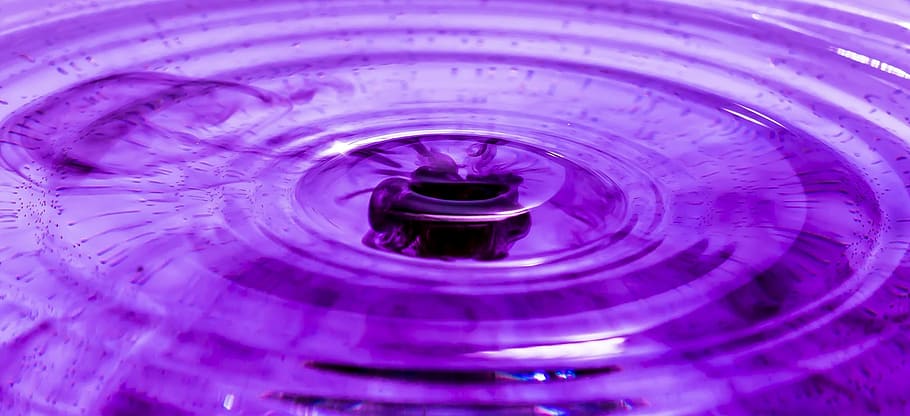 Púrpura, tinta, agua, gota de agua, goteo, cerrar, macro, líquido, ola, mojado