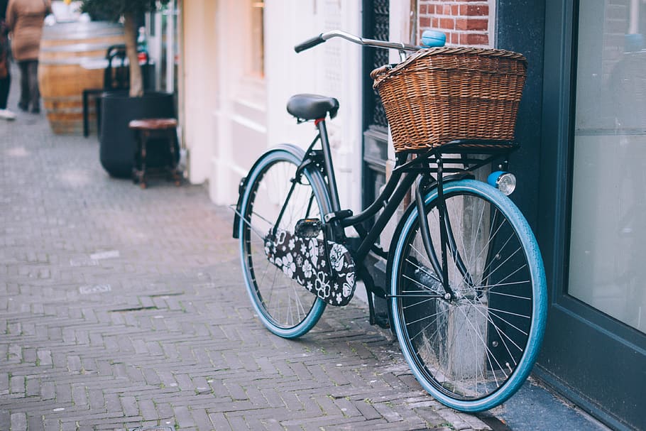black city bike, bicycle, bike, parked, basket, bell, cycle, biking, activity, lifestyle