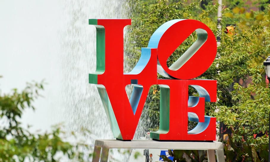 red, love freestanding letter, love, philadelphia, modern art, love plaza, usa, fountain, art, communication