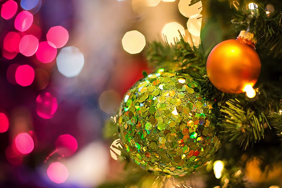 shallow, focus photography, green, bauble, green and silver, decor, christmas bulb, ornament, lights, decoration