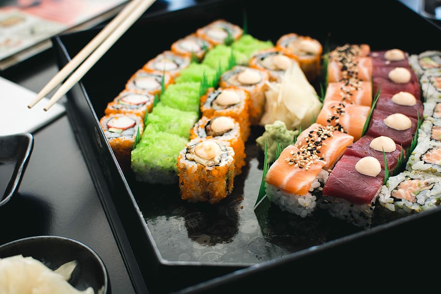 sushi, negro, caja, colorido, caja negra, de cerca, pescado, japonés, Malta, arroz