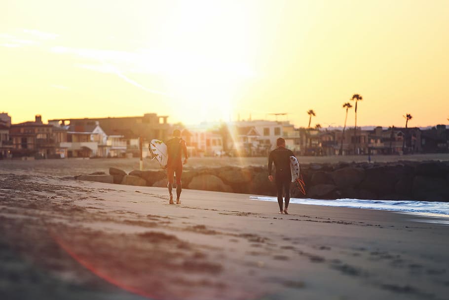 two, men, carrying, surfboards, sunset, walking, beach, sea, ocean, water