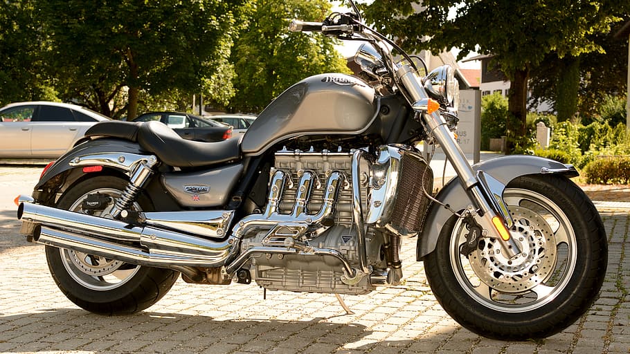 gray, black, cruiser motorcycle photo, cruiser motorcycle, triumph rocket, motorcycle, triumph, two wheeled vehicle, cylinder, exhaust system