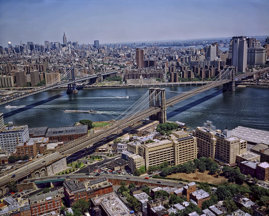 マンハッタン橋, ブルックリン橋, ニューヨーク市, 都市, スカイライン, ランドマーク, 歴史的, 川, 水, 反射
