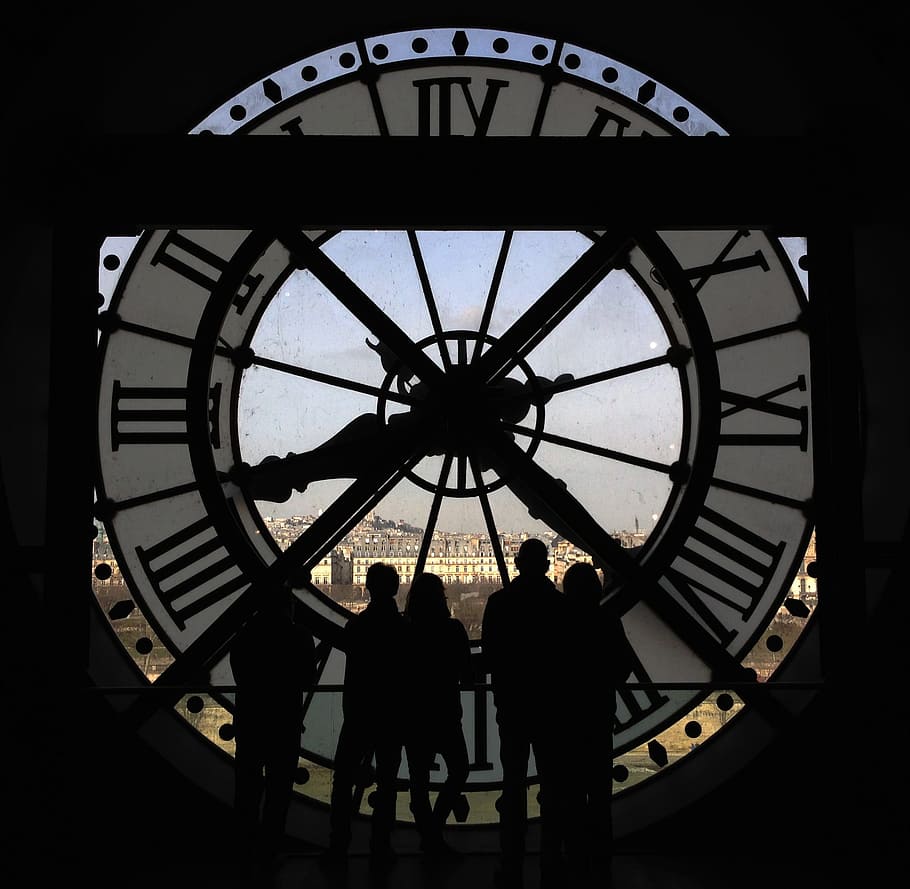 Paris, Watch, Museum, Landscape, tourists, musée d'orsay, clock, silhouette, roman numeral, clock face