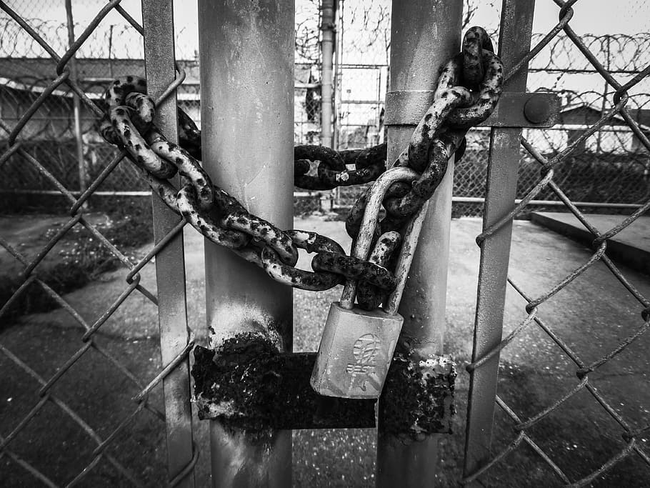 Fotografía en escala de grises, puerta, candado, cerradura, seguridad, bloqueado, seguro, cerrado, oxidado, valla