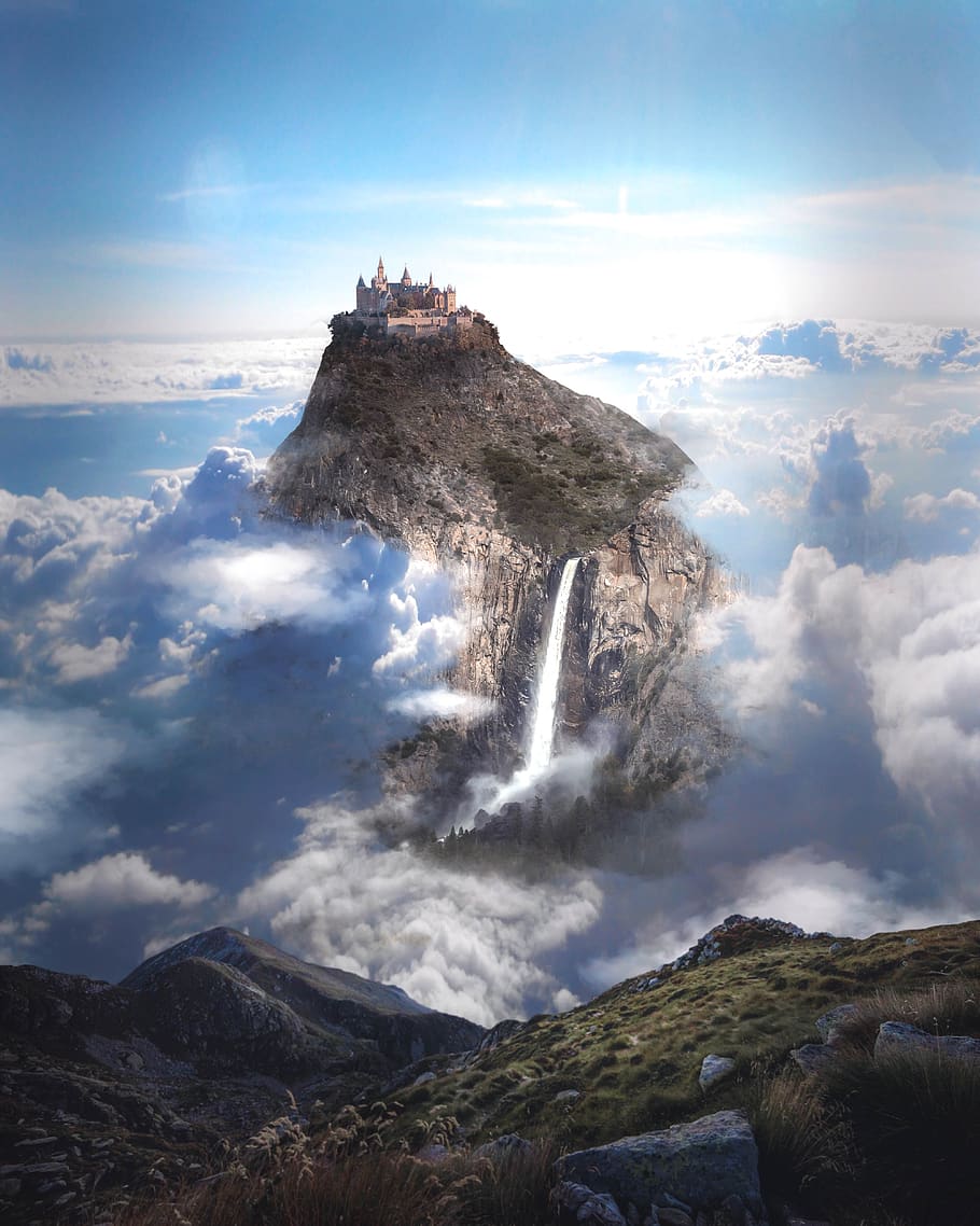 castle, mountain, sky, blue, landscape, mountains, fairytale, fog, landmark, clouds