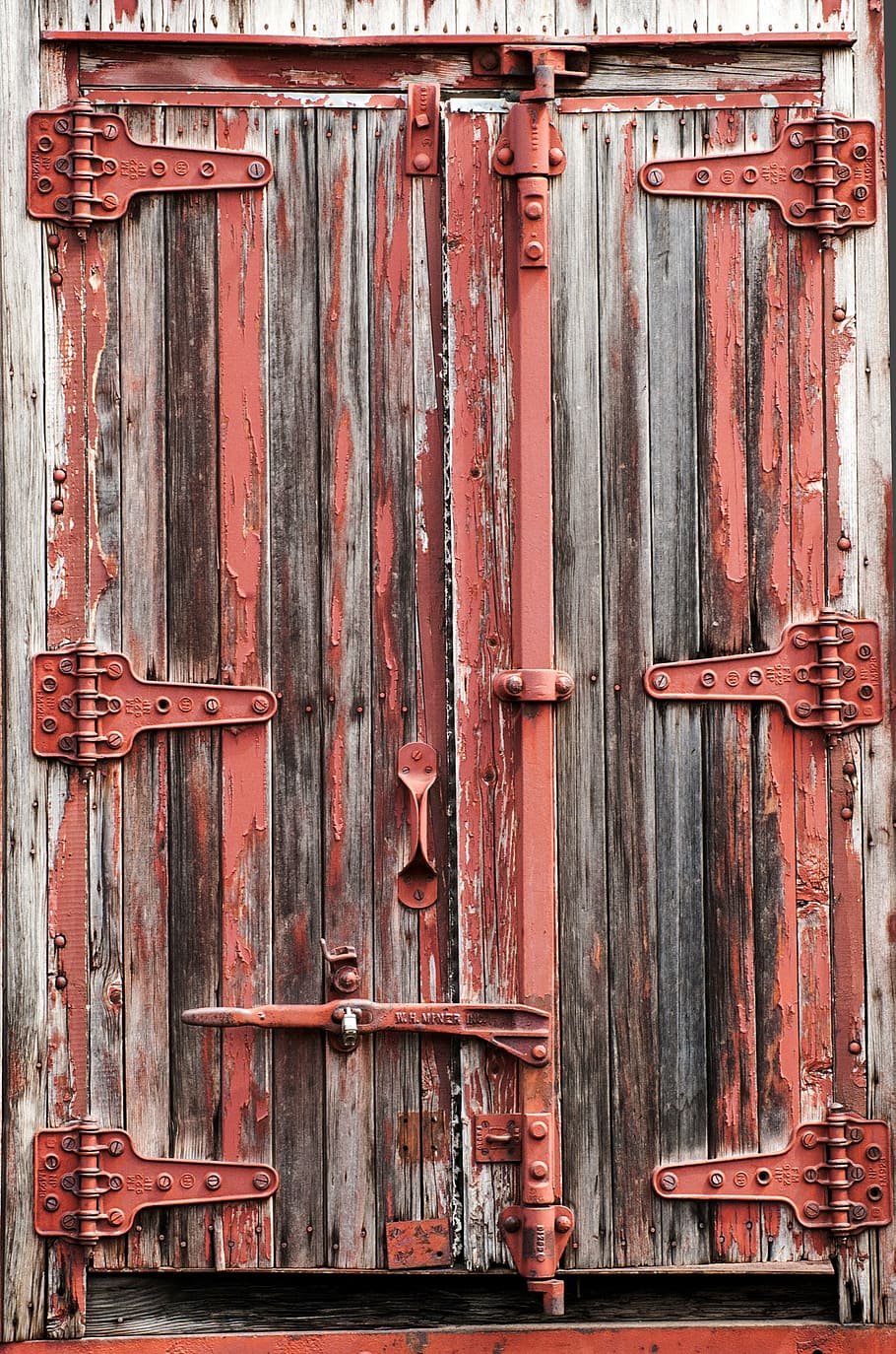 red, brown, door\, train, cargo car, antique, cars, wooden, door, barn wood
