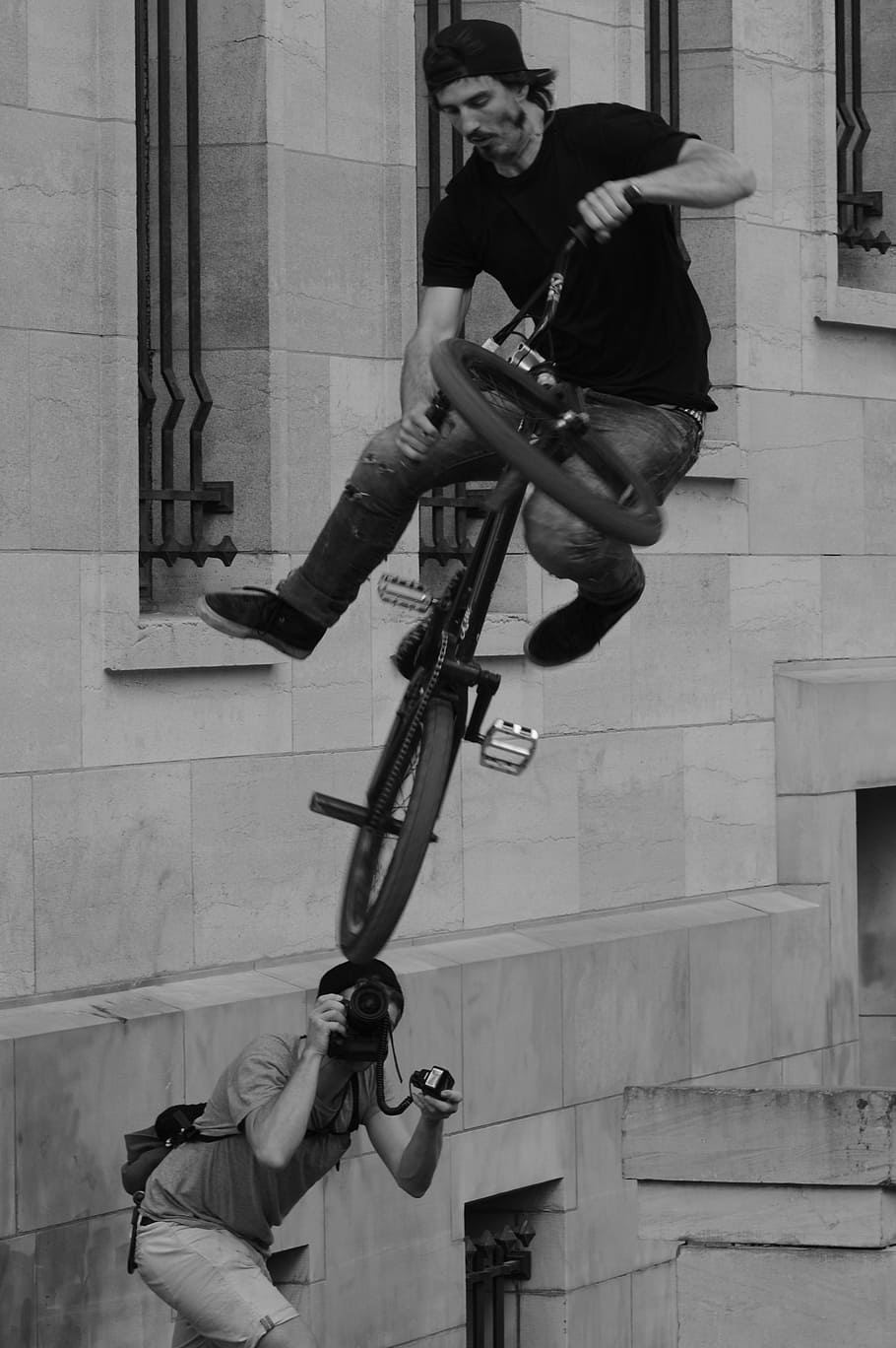 bicycle, bmx, sports, spectacular, man, people, stunt, photographer, withdrawal, black And White