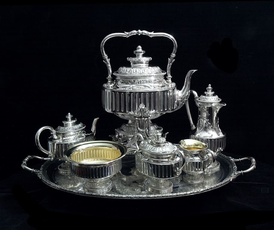 sterling silver tableware, Sterling Silver, Tableware, sterling silver flatware, sterling silver tea sets, antique french clock, black Color, black Background, luxury, studio shot