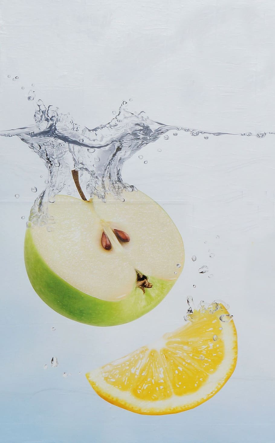 sliced, granny smith apple, lemon fruit, water, apple, lemon, water bath, picture composition, advertising, food