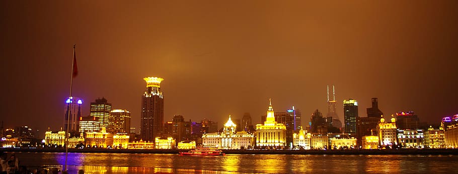 city building, daytime, shanghai, night view, downtown, light, the bund, building exterior, night, water