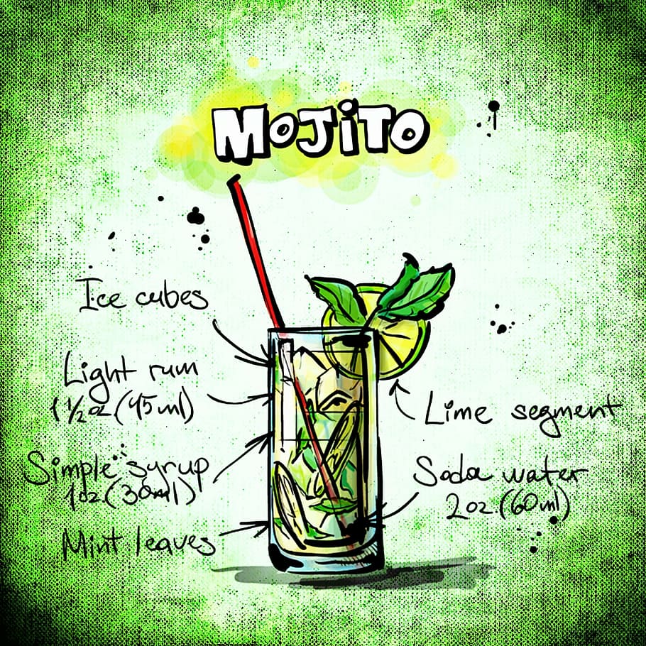mojito, ice, cubes, bottle, artwork, cocktail, drink, alcohol, recipe, party