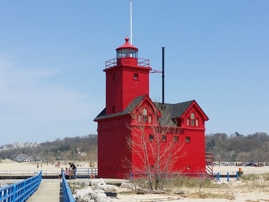 Lighthouse, Big Red, Michigan, Beach, michigan, beach, water, red, blue, sky, outdoors
