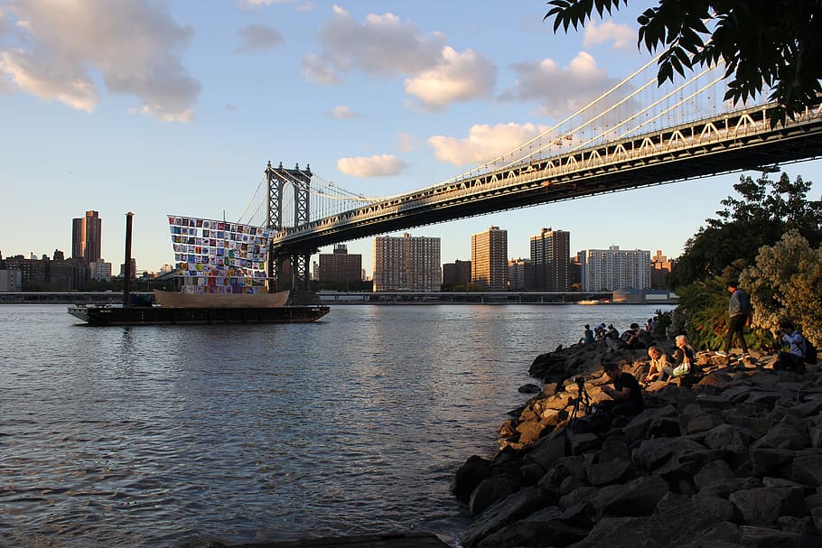boat, passing, grey, bridge, daytime, new york, travel, river, newyork, built structure