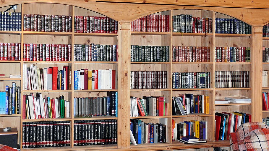 brown, wooden, bookcase, book lot, book, lot, work rooms, library, books, spine