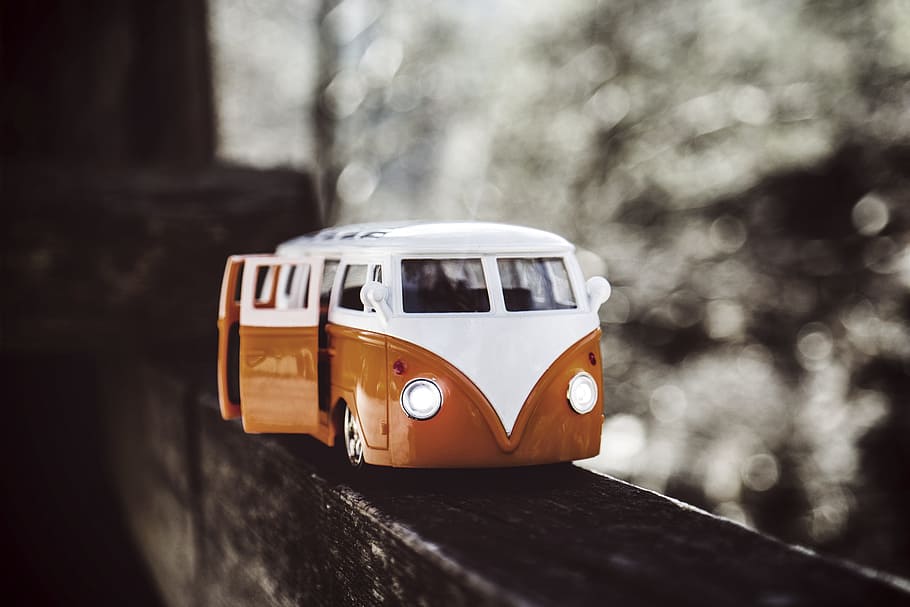white, brown, volkswagen samba scale model, car, vehicle, bus, travel, bokeh, toy, transportation