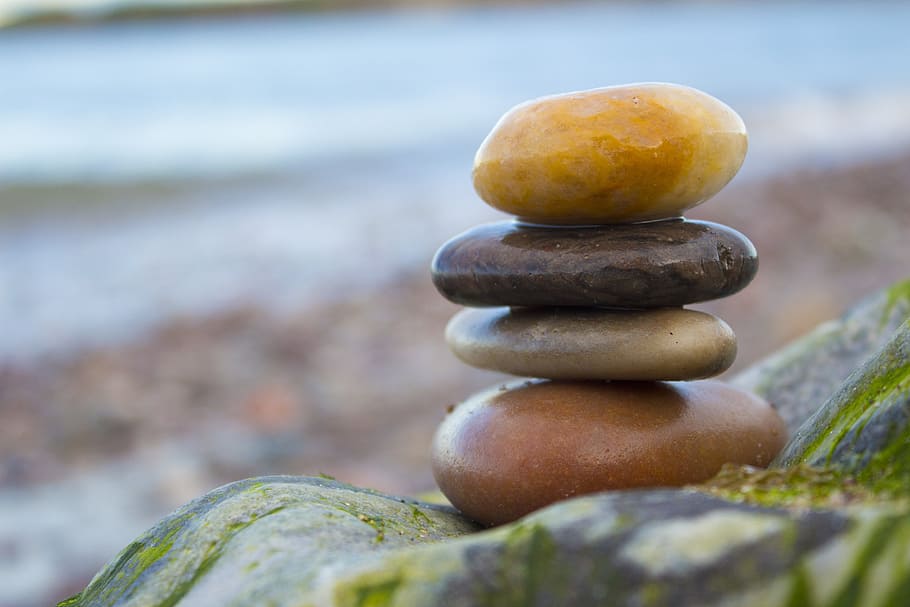 tumpukan, coklat, batu, keseimbangan, pantai, zen, alam, stabilitas, meditasi, perdamaian