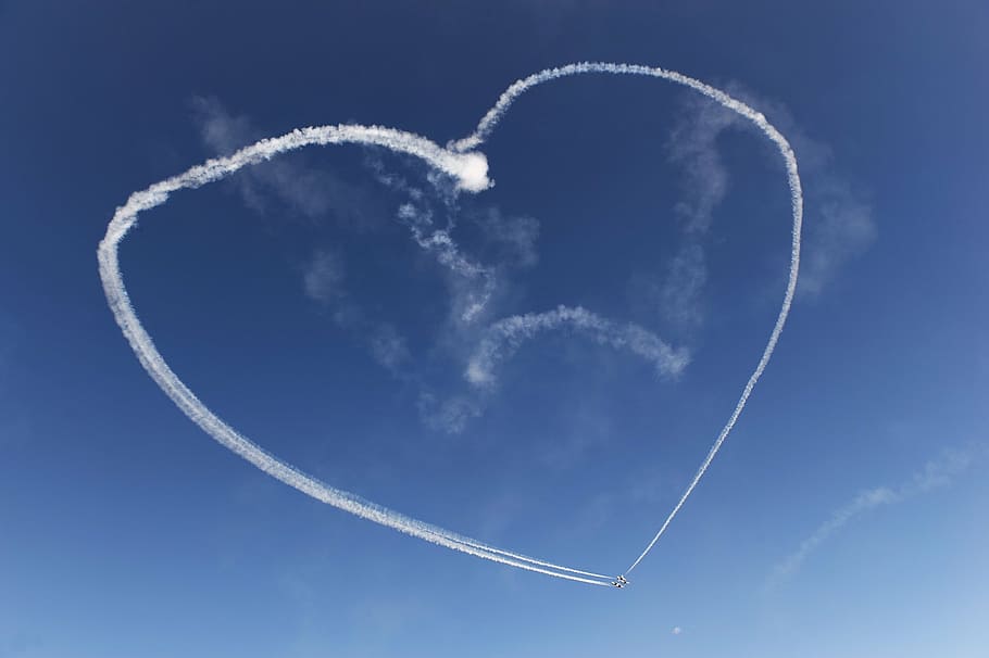 plane, smoke, forming, heart, sky, jets, planes, aircraft, flying, flight