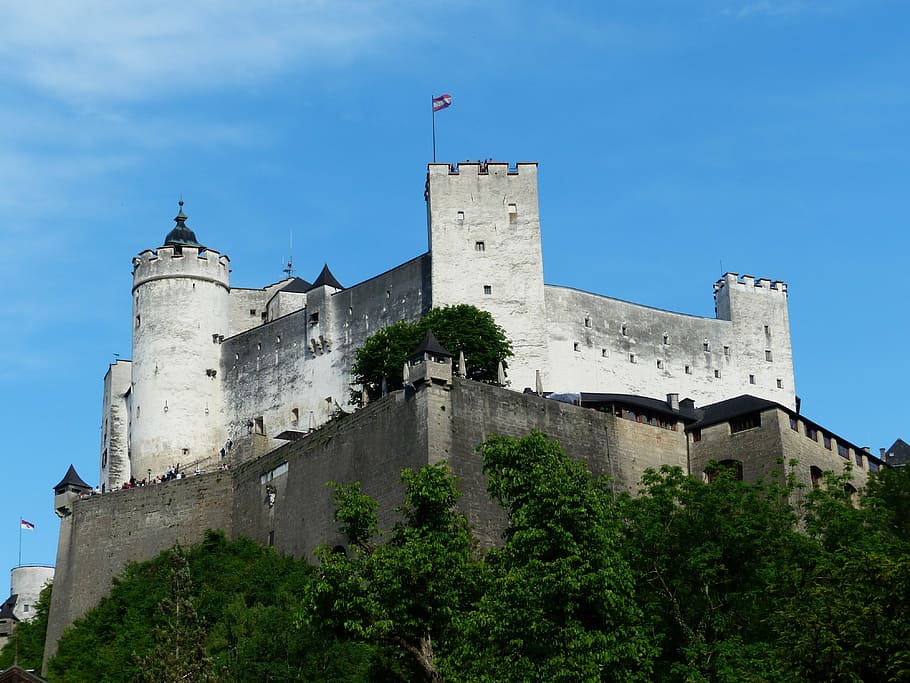 gray, concrete, castle, blue, sky, daytime, hohensalzburg fortress, fortress, landmark, salzburg