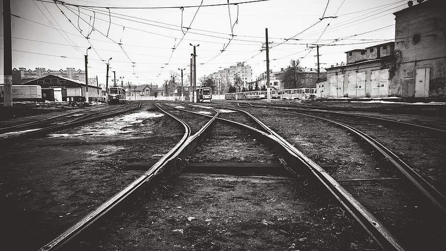empty trail rail, tram, depot, russia, black, urban, city, wire, omsk, transport