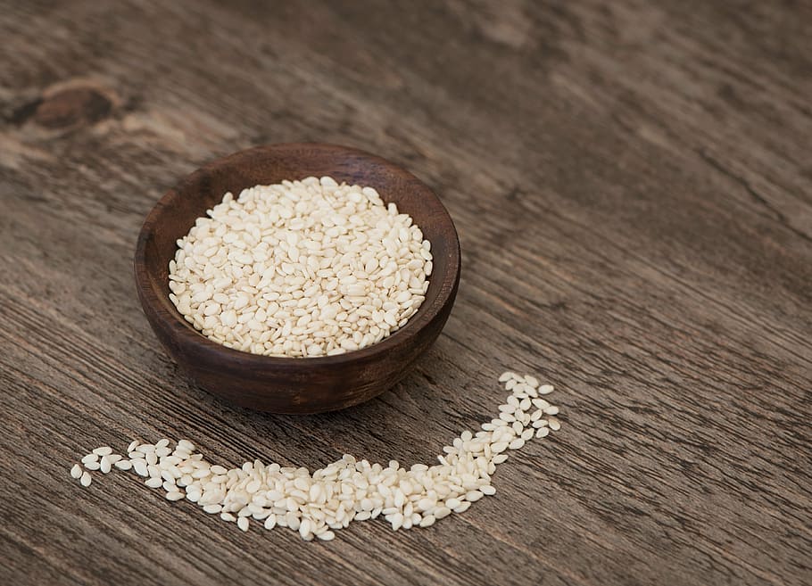 rice grains, wooden, bowl, sesame, sesame seeds, seeds, holzschüsselchen, minerals, healthy, vessel