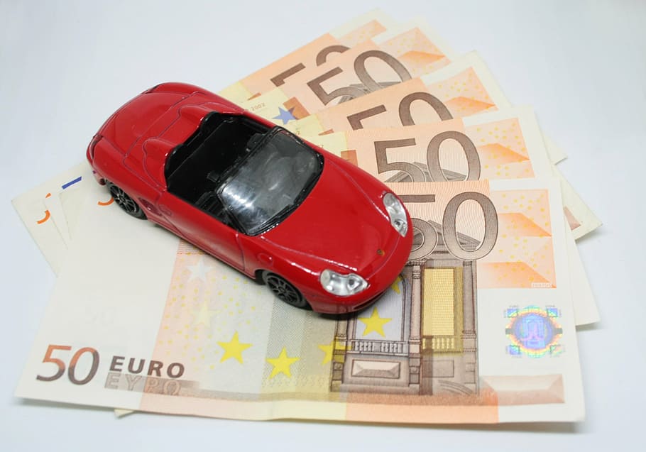 rojo, convertible, modelo fundido a presión, billetes de 50 euros, máquina, ferrari, coche de juguete, coche de juguete rojo, coche rojo, automóvil