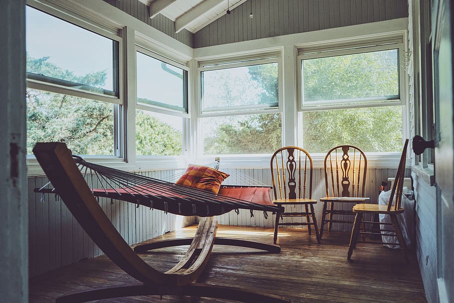 house, home, empty, chairs, hammock, windows, glass, wood, sun, trees